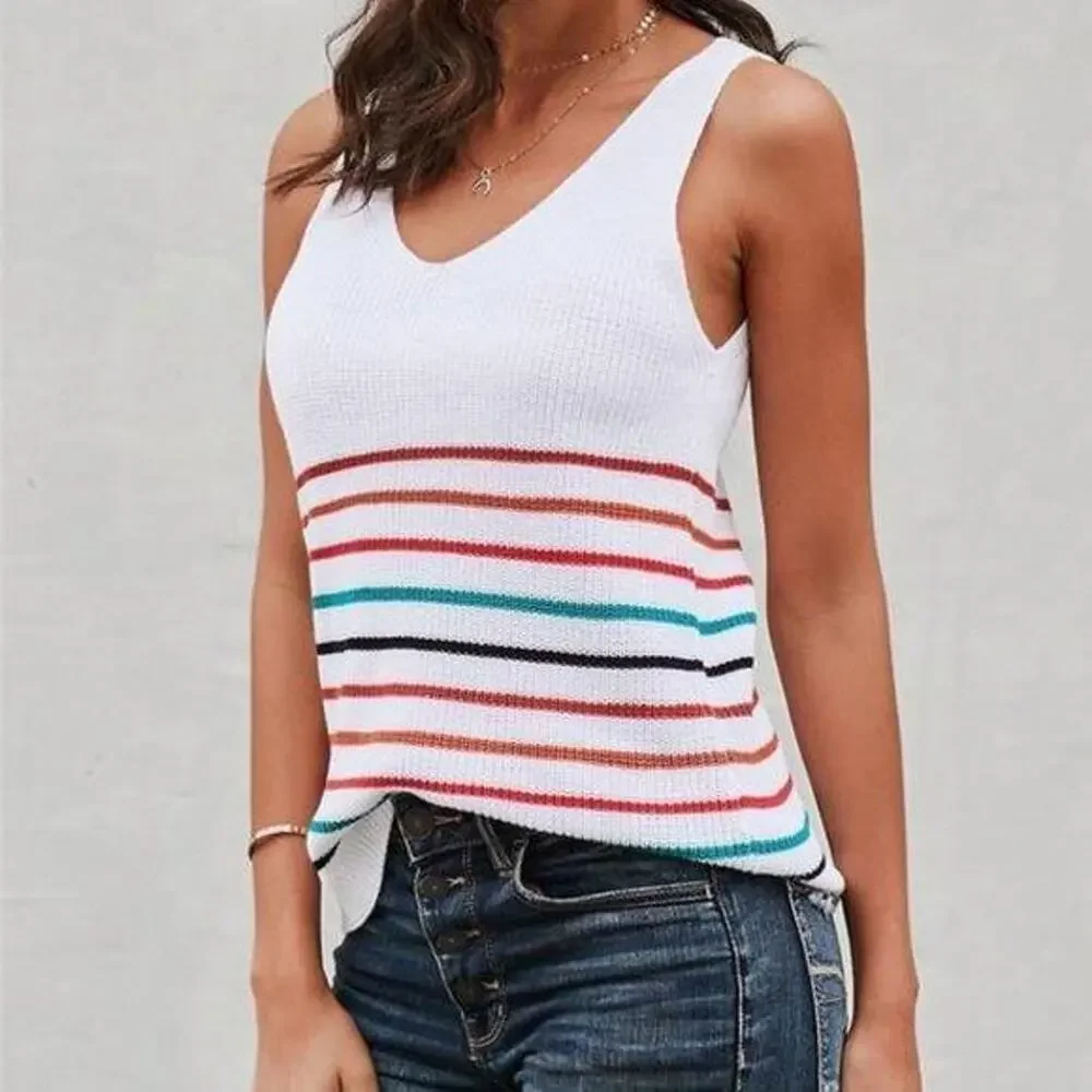 NEW NWT Boutique White Multi Colored Stripe V-Neck Sleeveless Sweater Large